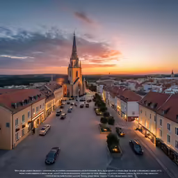 the building with two towers is illuminated at dusk