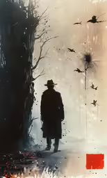 a man walking through the fog with an airplane in the sky