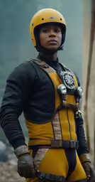 a man wearing a yellow and black uniform and helmet