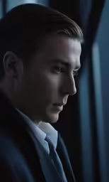 a man in a suit with a tie is looking away