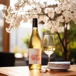 a wine bottle, glass and plates sitting on a table