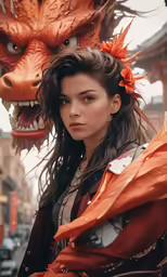 woman in orange dress with red dragon sculpture in background