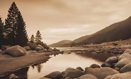 rocky banks with trees near water under cloudy skies