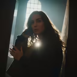 a woman standing next to a window and sun shining in it