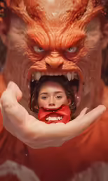 a girl is holding out her hands with a monster head on it