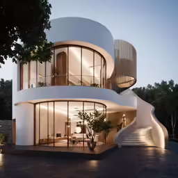 a white circular building with stairs and circular windows