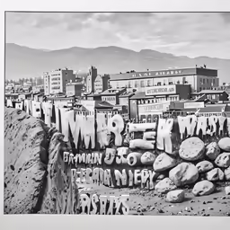 a black and white photo of the city that has been vandalized