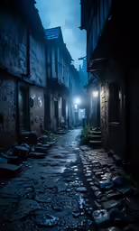 an empty street with broken bricks on the ground