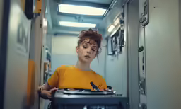 a woman is making something on her stove while standing in a hallway