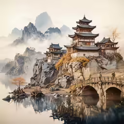 an asian style landscape with mountains and a bridge