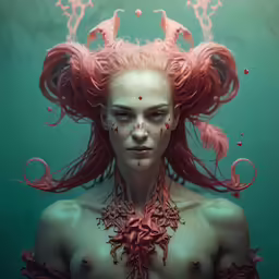 a young girl with pink hair is posing in the water