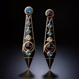 large gold earrings with multi colored diamonds on black background