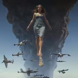 a woman standing on top of a group of airplanes flying above