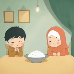 a man and woman sitting at a table eating rice