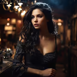 a women that is standing up wearing a black dress