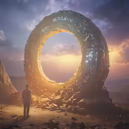 the man is looking at the sculpture that is in the middle of the field
