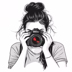 a woman holding a camera, looking through the lens