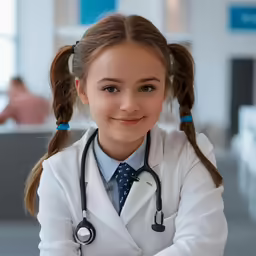 a girl in a medical coat is smiling