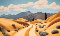 a desert dirt road surrounded by plants and mountains