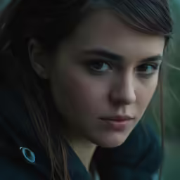 a young girl is staring at something while outside