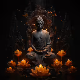 a statue sitting in front of a bunch of waterlilies