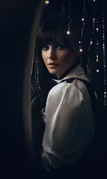 a woman is wearing a collared blouse and lights