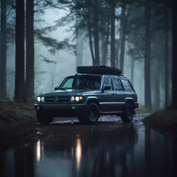 an suv is traveling in the rain with the hood up