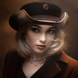 a young lady with a hat and pearls wearing jewelry