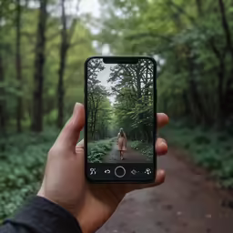 a person taking a photo with their cellphone while walking in the woods