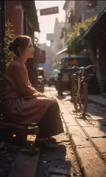 the woman sitting on the bench is looking towards something