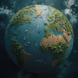 there is a blue and brown globe in the water
