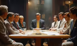 a group of business people sitting around a table in a room