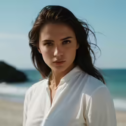 a beautiful young woman with brown hair and bangs on the beach