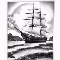 an old ship with sails sailing on the water