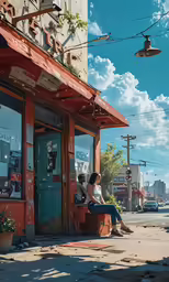 a woman sitting on the outside corner of a restaurant