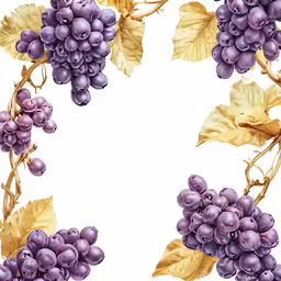 some grapes with leaves on it are in front of the white background
