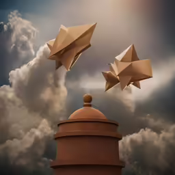 a statue with three paper airplanes flying through the air