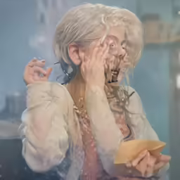 a woman is in the smoke holding her head with her hands