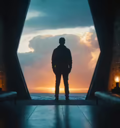 a person is standing inside of an open door with the sun setting