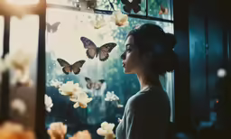 woman standing by window with butterflies on its glass