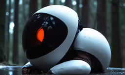 a robot laying in the middle of the forest