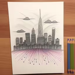 a pencil drawing of a cityscape with fireworks,an illustrated picture of a large city in color