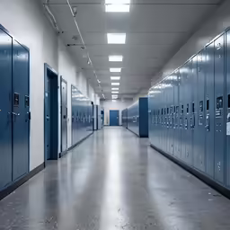 an empty hallway in a large building with several lockers