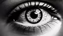 a black and white image of an eye,a blue eyed looking into the distance