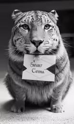 a big cat sitting down with a tag on its face