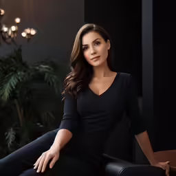 the woman poses for the photographer in black attire