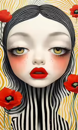 a woman with red flowers in her hair