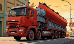 a big truck on the road in the city,a big red truck that is sitting in the street