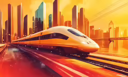 the train is moving on the tracks through the city