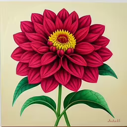 an oil painting of a flower is shown on the wall,a painting of a red flower that has green leaves,a painting with a large red flower on a light background,a painting of a flower with green leaves,a painting of a large red flower on a white wall
